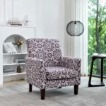 Patterned Polyester Blend Armchair, Solid Birch Wood Frame with Brown Tapered Legs, Foam Padded Accent Chair with Trim Detail for Living Room Office - Image 4