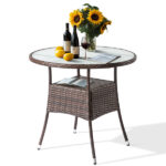 31.5" Patio Table for 4-Person, Outdoor Patio Wicker Round Dining Table, All-Weather Rattan Bistro Dining Table w/Glass Tabletop for Backyard Deck Porch Poolside, Brown - Image 19