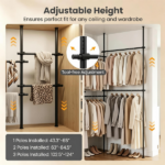 No Drill Floor to Ceiling Tension Clothes Rack, Heavy Duty Carbon Steel Garment Organizer with 4 Vertical Rods 6 Telescopic Hanging Bars, I/L/45° Corner Install Closet System with Drying Rack & Reacher Pole Black - Image 10