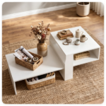 2-Tier Modern Geometric Coffee Table Engineered Wood Low Center Table with Storage Shelf, Waterproof Surface Cross Base Accent Table for Living Room Tea Game Work - White - Image 10
