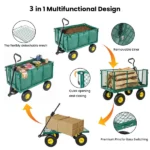 3-in-1 Oversized Steel Garden Cart , 880lbs Pullable Mesh Metal Garden Cart, All-Terrain Utility Cart with Removable Liner & Side Panels & Mesh Tray for Outdoor Lawn, Patio and Landscaping, Green - Image 4