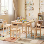 Kids Wooden Table and Chairs Set (1 Table + 4 Chairs), Rubber Wood Toddler Activity Set (Natural - Image 2