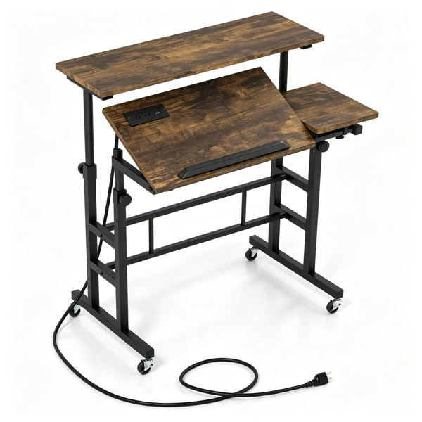 203797cd-73ee-4a85-8dec-215c07899127.png Dual Height Adjustable Rolling Sit Stand Desk with Charging Station, Tiltable Split Desktop Mobile Laptop Cart with USB Type-C Power Outlets Lockable Wheels Heavy Duty Metal Frame Home Office Workstation - Image 1
