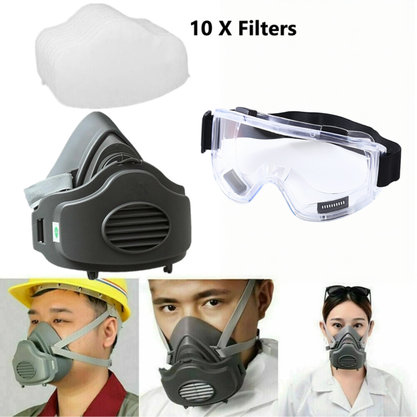 Reusable Half Face Cover Respirator Dust Mask W/ 10 Replaceable Filters and Goggles for Woodworking Painting Welding(US Logistics only For USPS.TK/TMEU only For self-pickup)