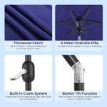 9ft Patio Umbrella, Outdoor Market Umbrella with Push Button Tilt, Crank Handle, 6 Sturdy Iron Ribs, UPF 50+ Waterproof Polyester Canopy, KD Design for Garden, Deck, Backyard, Poolside, Navy Blue - Image 17