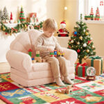 2-in-1 Flip Open Kids Sofa Lounger, Teddy Fleece Toddler Couch with Carry Handle for Ages 3+ (Beige) - Image 11