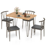 5-Piece Industrial Dining Table Set for 4, Rustic Oak Kitchen Table with 4 PU Leather Chairs
