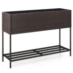 Brown PE Rattan Elevated Planter with Lower Shelf, 101.6×30.48×71.12cm Raised Garden Bed with Drainage - Image 3