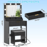 Black particleboard with a 3-compartment, 1-drawer dressing table set with 8 three-tone light bulbs, power strip, and grille series - Image 4