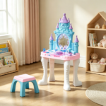 Multicolor Girls Vanity Set – Castle Design Makeup Table with Mirror, Stool, Light, Music for 3-6 Years Old - Image 7