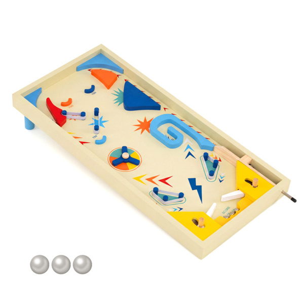 Colorful Wooden Pinball Machine, 3 Metal Marbles & Spring Plunger, Dual Flip Controls for Fun Gameplay​