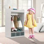 Kids Costume Organizer Costume Rack Kids Armoire Open Hanging Armoire Closet with Mirror-WHITE - Image 2