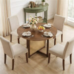 37.5" Round Dining Table for 2-4 People, Mid-Century Modern Kitchen Table with PE Rattan & Rubber Wood Legs - Image 3