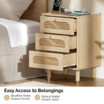 3-Drawer Nightstand with Rattan-Style Finish 15.75"*13.78"*23.82" with Power Outlet Oak - Image 9