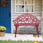 Outdoor Cast Aluminum Patio Bench, Porch Bench Chair with Curved Legs Rose Pattern, Red - Image 7