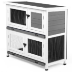 2 Story Solid Wood Rabbit Hutch Bunny Cage with 2 Large Main Rooms, Indoor Outdoor Rabbit House Guinea Pig Cage Pet House for Small Animals with 2 Removable Trays, Grey - Image 15