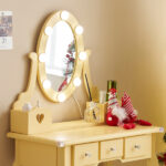 Kids Vanity Set with Mirror and Lights and Stool, 5 Storage Drawers, Pretend Play Princess Makeup Desk Dressing Table and Stool Set for Little Girls Age 3+, Macaroon Orange - Image 8
