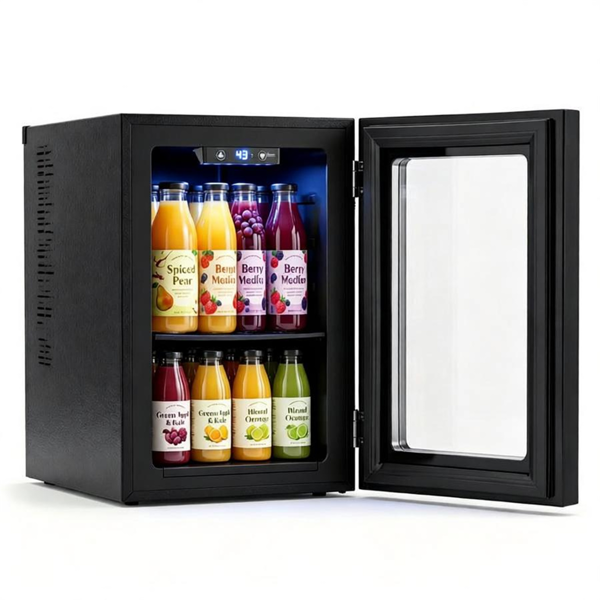 224559c9-834b-4ca2-b237-ca44ee565675.png 0.6 Cu.Ft Mini Beverage Refrigerator with Digital Touch Control 40°F-61°F Adjustable Thermostat, 360° Air Circulation Silent Compressor Cooler Blue LED Light Tempered Glass Door Holds 24 Cans Black - Image 1