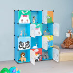 4-Layer 12-Grid 2-Hanging Rod Magic Cube Wardrobe, Plastic + Steel Wire Material with Animal Pattern, Pattern Door Blue Cabinet - Image 7