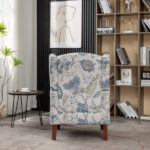 Modern Accent Chair with Retro Wood Legs, Comfy Upholstered Armchair, Floral Design Single Sofa Chair for Living Room Bedroom Office - Floral Blue - Image 5