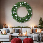 48in Pre-lit Christmas Wreath, Lighted Artificial Xmas Wreath with 150 Cold & Warm White Lights and 450 PVC Tips and DIY Ornaments, for Front Door Gate Wall Xmas Party Decorations, Light Green - Image 8