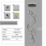 14 Ring High Ceiling Chandelier Foyer, Black Modern LED Large Staircase Long Chandeliers Light Fixture with Remote for Entryway Living Room - Image 2