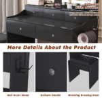 New Large Mirror Vanity Desk for Bed room , Modern Makeup Vanity Set with Power Outlet and Hair dryer holder, 5 Drawers , 3 Lighting Color Adjustable Dressing Table for Bedroom, Black Color - Image 6