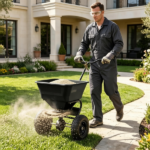 Black Heavy-Duty Walk-Behind Broadcast Lawn Spreader, 66 Lbs Capacity Adjustable Flow Control, Pneumatic Rubber Wheel Push Spreaders for Grass Seed Fertilizer Snow Salt - Image 2