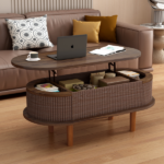 Fluted Lift Top Coffee Table with Hidden Compartment, Wooden Center Table, Modern Oval Lift Tabletop for Home Living Room Office, Walnut Color - Image 2