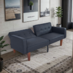 Modern PU Leather Futon Sofa with Tufted Backrest, Adjustable Reclining Couch with Wood & Metal Legs, Mid-Century Style Sofa for Living Room - Image 10