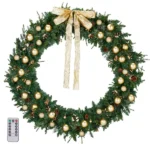 60in Pre-lit Christmas Wreath, Lighted Artificial Xmas Wreath with 220 Warm White Lights and 600 PVC Tips and DIY Ornaments, for Front Door Gate Wall Xmas Party Decorations, Light Green & Golden