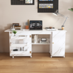 57.5" Foldable Sewing Machine Table with Locking Casters, Multi-Storage Craft Station with Shelves, Bins & Cabinet, Adjustable Sewing Cabinet for Home, Bedroom, and Craft Room(White) - Image 14