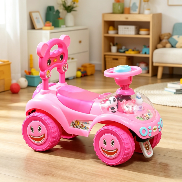 Kids Pink Foot-to-Floor Push Car — Horn, Light & Music, Anti-Tip Backwards Device, Underseat Storage for Toddlers