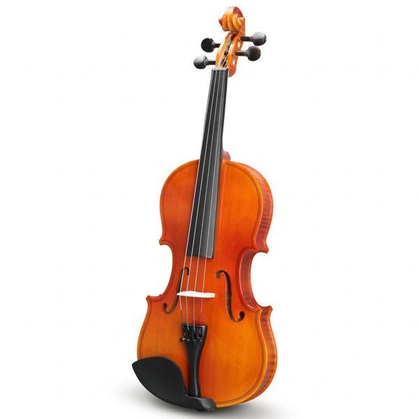 Brand new 4/4 natural tiger-striped acoustic violin set includes pitch stickers, tuner, strings, shoulder rest, rosin, bow, and premium gift box.