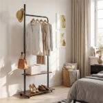 Industrial Rolling Clothing Rack with 2 Wooden Shelves & Hooks, Freestanding Garment Rack for Bedroom Entryway - Image 7
