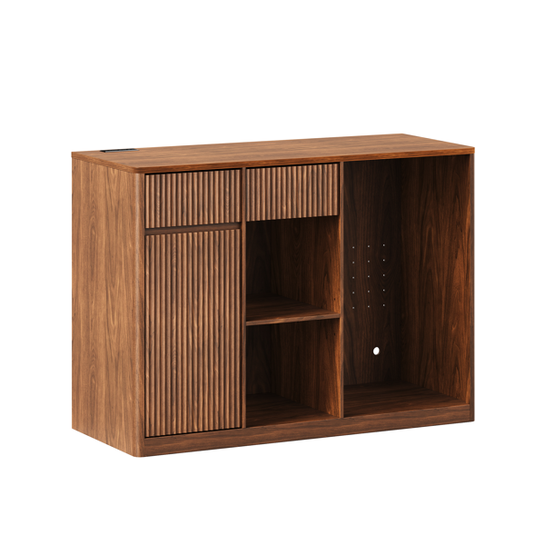 24110127_1 51.2" Modern Fluted Bar Cabinet with Fridge Compartment(Fridge Not Included, Adjustable Shelves & Built-in Power Outlets, Multipurpose Wine Storage Cabinet for Living & Dining Room, Walnut - Image 1