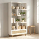 White Rattan Drawer Bookcase with 8 Open Cubbies, Freestanding Engineered Wood Storage Display Shelf with Anti-Toppling Device for Living Room Bedroom - Image 10