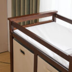 Brown painted pine wood frame children's bed with removable top, 87*53*87.5cm, includes 3 fabric drawers and 1 fabric bag, and a changing table - Image 24