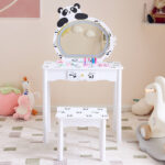 Black and white panda MDF painted finish, solid wood legs, 1-drawer children's dressing table set, LED three-color backlit touch switch - Image 12