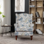 Modern Accent Chair with Retro Wood Legs, Comfy Upholstered Armchair, Floral Design Single Sofa Chair for Living Room Bedroom Office - Floral Blue - Image 8