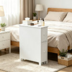 White Slim Bathroom Cabinet Freestanding Storage with Toilet Paper Holder 2 Drawers Side Towel Rack Wheels 7x20.5x24.75 Inches - Image 6