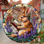 CIFbuy Rabbit Reading Book Acrylic Stained Glass Hanging Decor for Garden Home Living Room Creative Gift (TikTok, temu pick-up service)