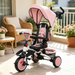 Pink 6-in-1 Convertible Kids Tricycle: 1-5Y Stroller Trike with Adjustable Push Handle, Removable Canopy & Reversible Seat - Image 4