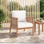White Boho Patio Acacia Wood Chair with Woven Rope Armrests, Cushioned Outdoor Accent Chair for Porch Balcony - Image 2