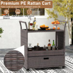 Handwoven PE Rattan Outdoor Bar Cart with Tempered Glass Top & Drawer, 4 Wheels with Brakes Serving Cart for Patio - Image 10