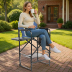 Same Code 51627668 31" Tall Directors Chair with Footrest, 4Portable Bar Height Folding Camping Chair with Built-in Cup Holder, Side Table, Storage Pocket, Gray & Navy - Image 11