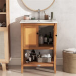 2-Door Rattan Bathroom Vanity, Acacia Wood Cabinet with Ceramic Sink (White + Natural)​ - Image 6