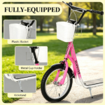 Pink 16" Inflatable Youth Scooter: Kick Scooter with Adjustable Handlebars, Double Brakes, Basket and Cupholder - Image 4