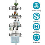 Corner Shower Caddy Tension Pole, Quick Setup, Rust-Free Bathroom Shower Organizer Corner for Bathtub Shampoo Storage, 4-Tier Adjustable Shelf, Drill Free, Fits 8.66 to 116 Inch Height, Black