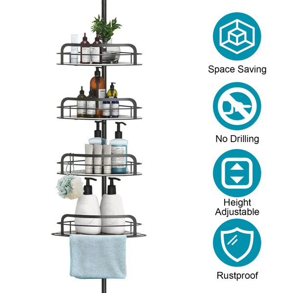 Corner Shower Caddy Tension Pole, Quick Setup, Rust-Free Bathroom Shower Organizer Corner for Bathtub Shampoo Storage, 4-Tier Adjustable Shelf, Drill Free, Fits 8.66 to 116 Inch Height, Black
